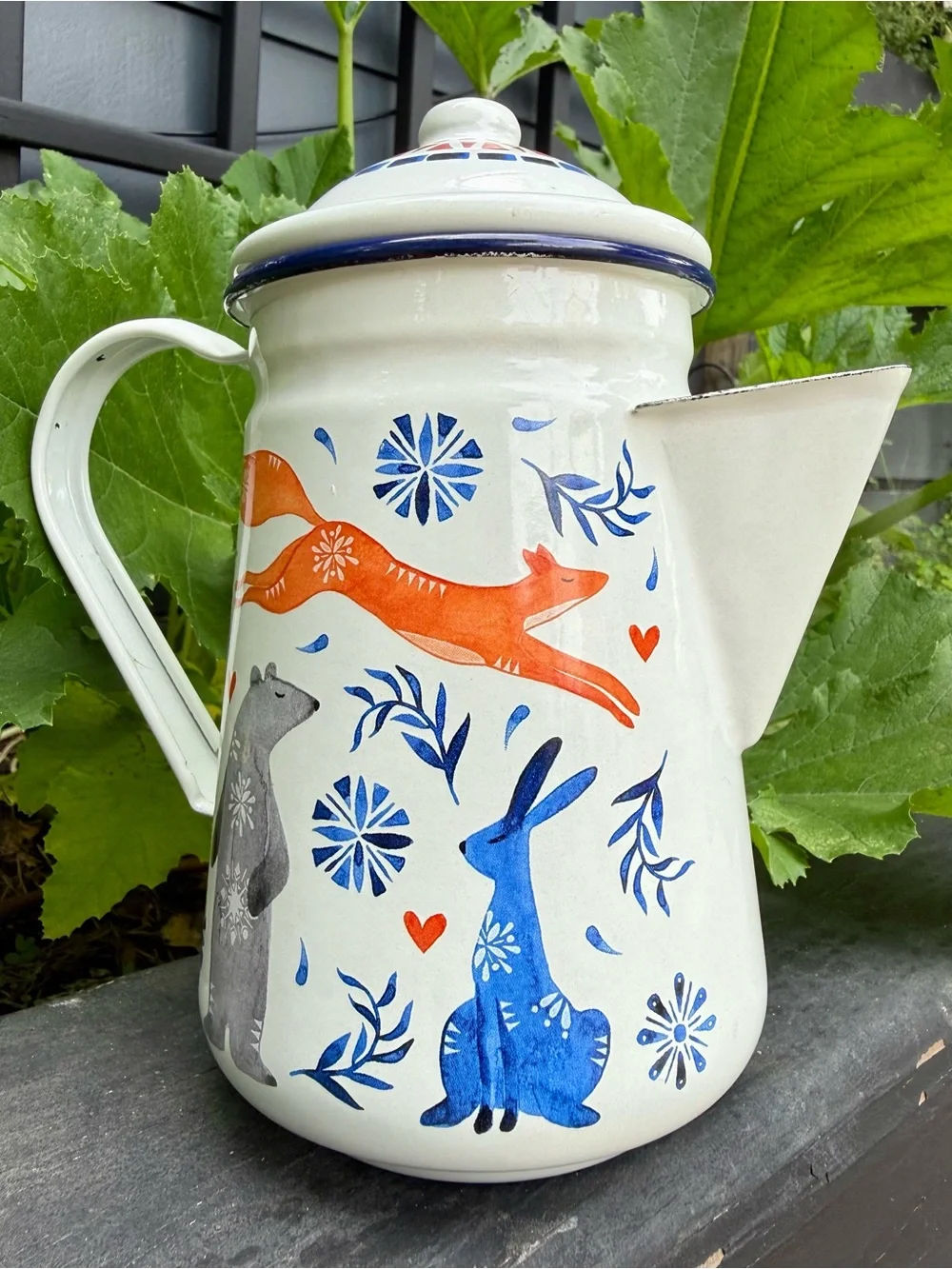 Vintage enamelware coffee pot - folk art animal design